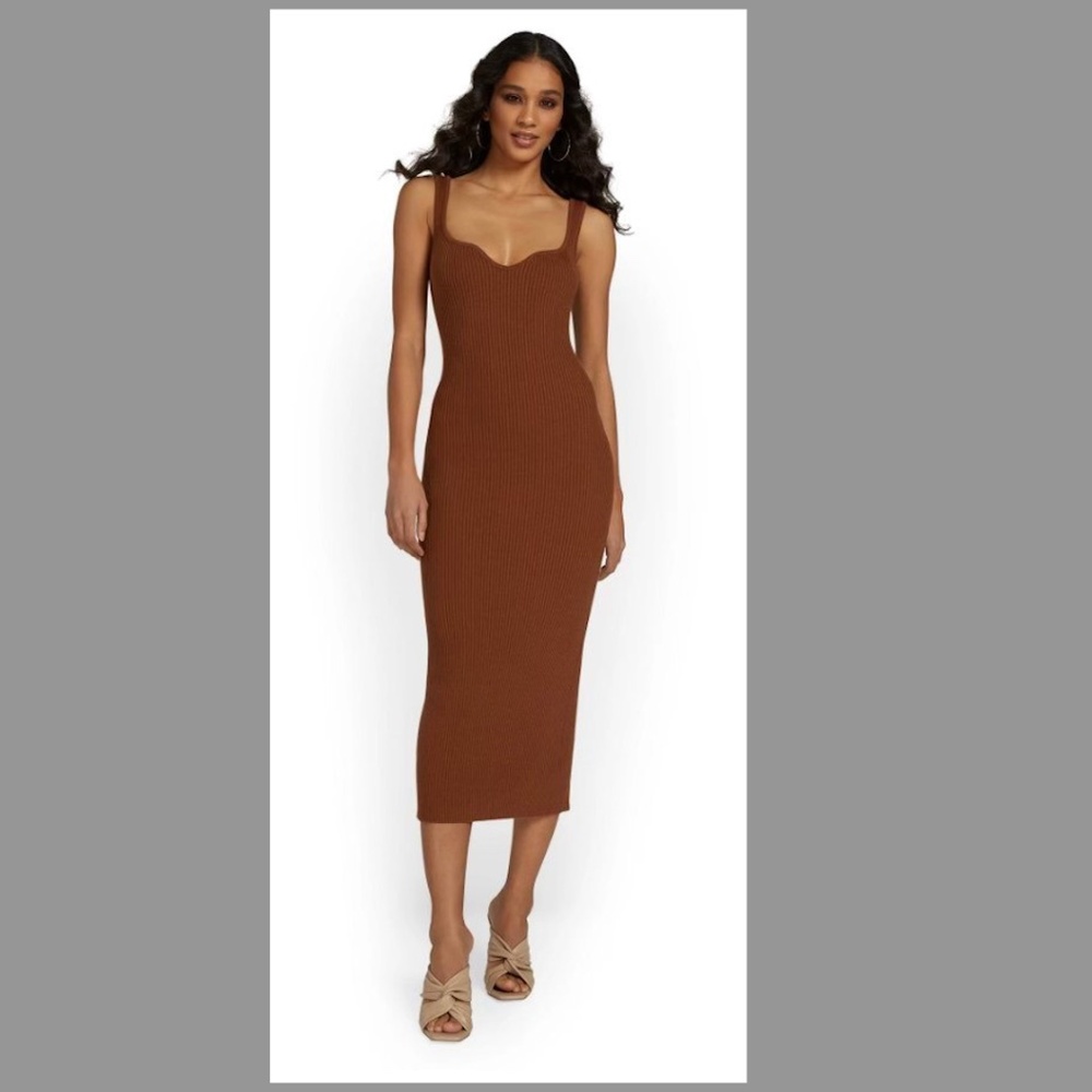 Beige Botany Scoopneck Ribbed Knit Midi Dress